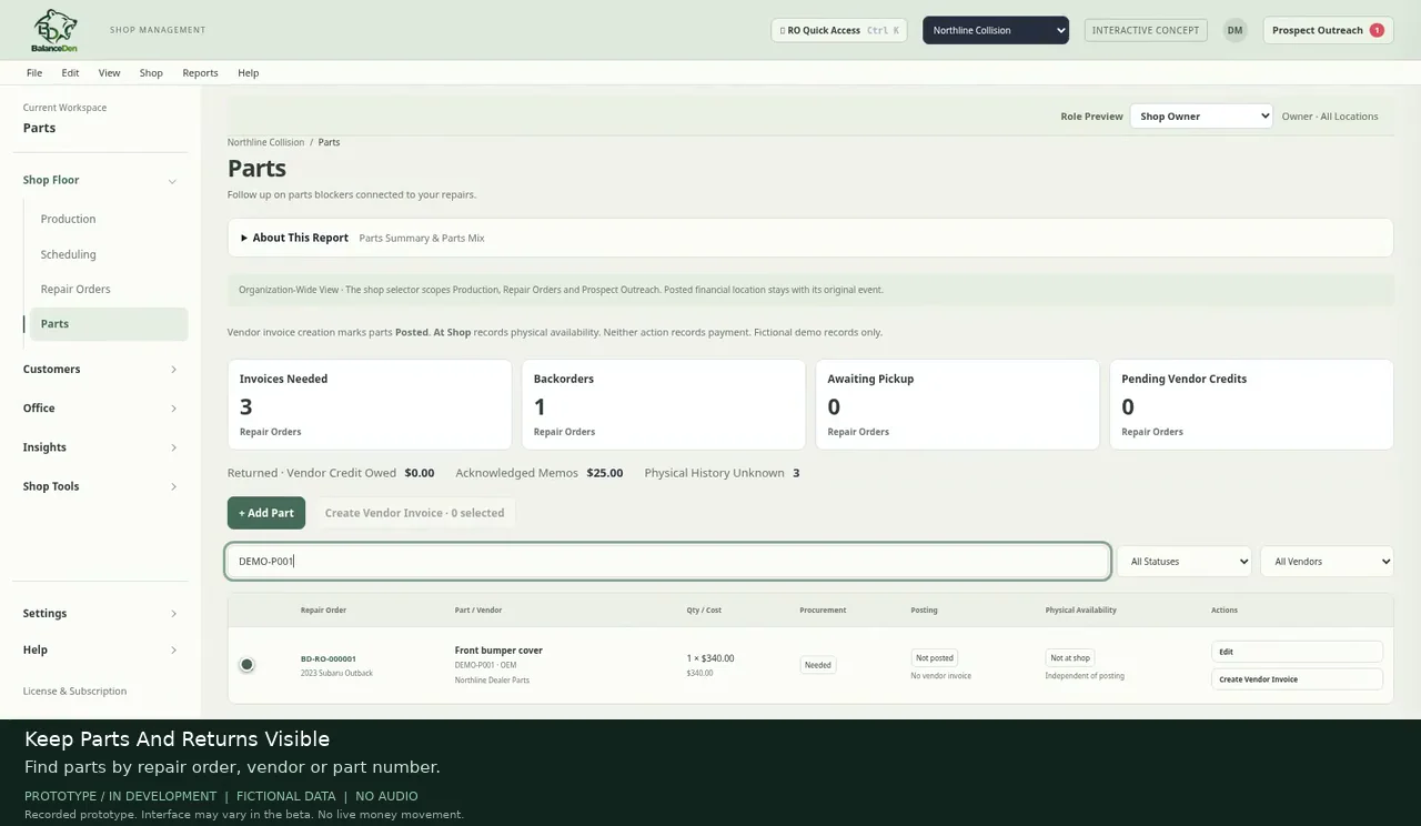 BalanceDen parts and invoice workflow prototype